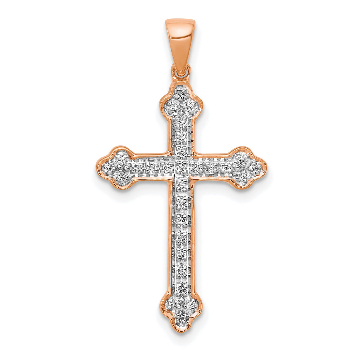 14k Rose Gold Diamond Cross Pendant with Rhodium Finish and Trefoil Curve Design
