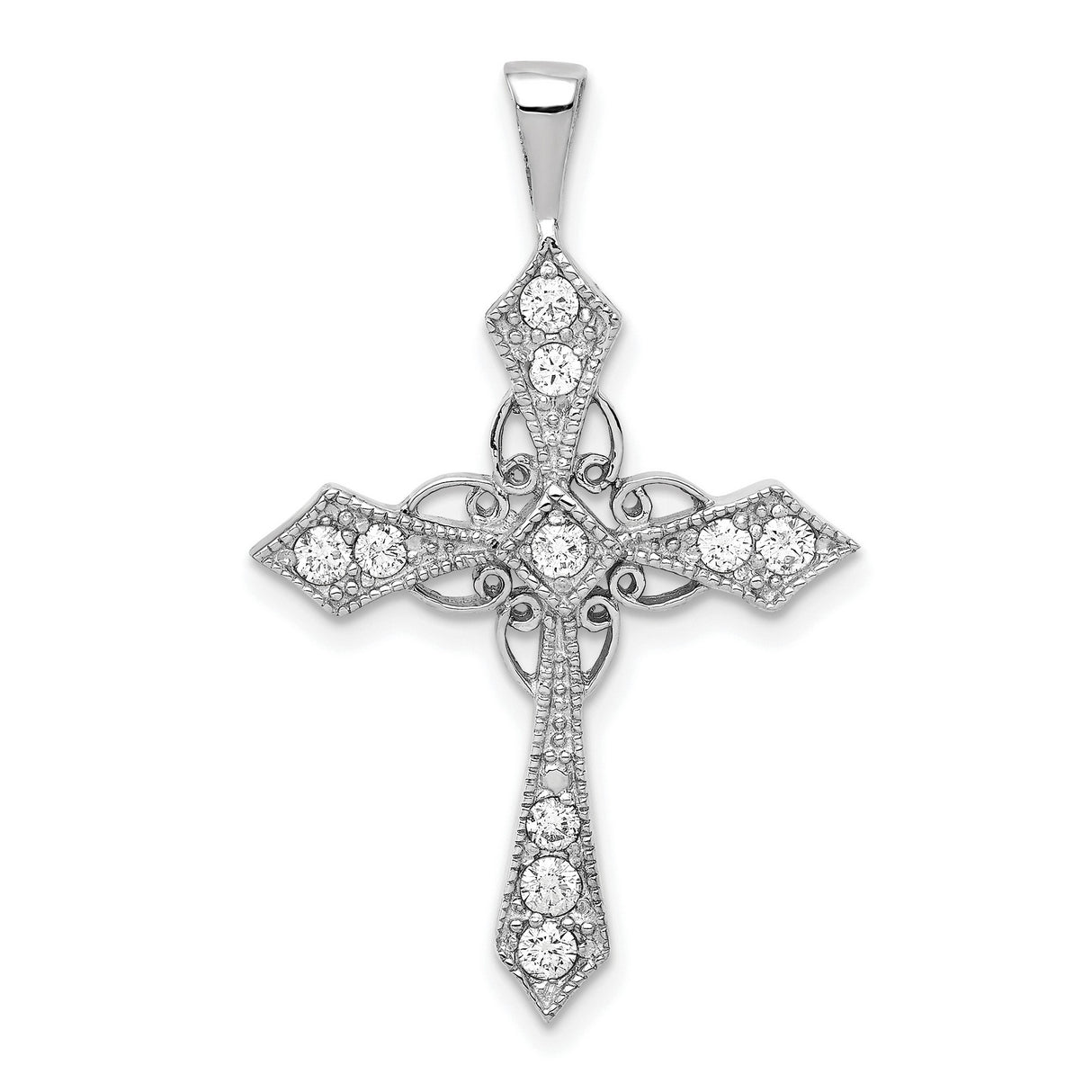 14k White Gold Diamond Cross Pendant, Vintage Style with Milgrain Detail