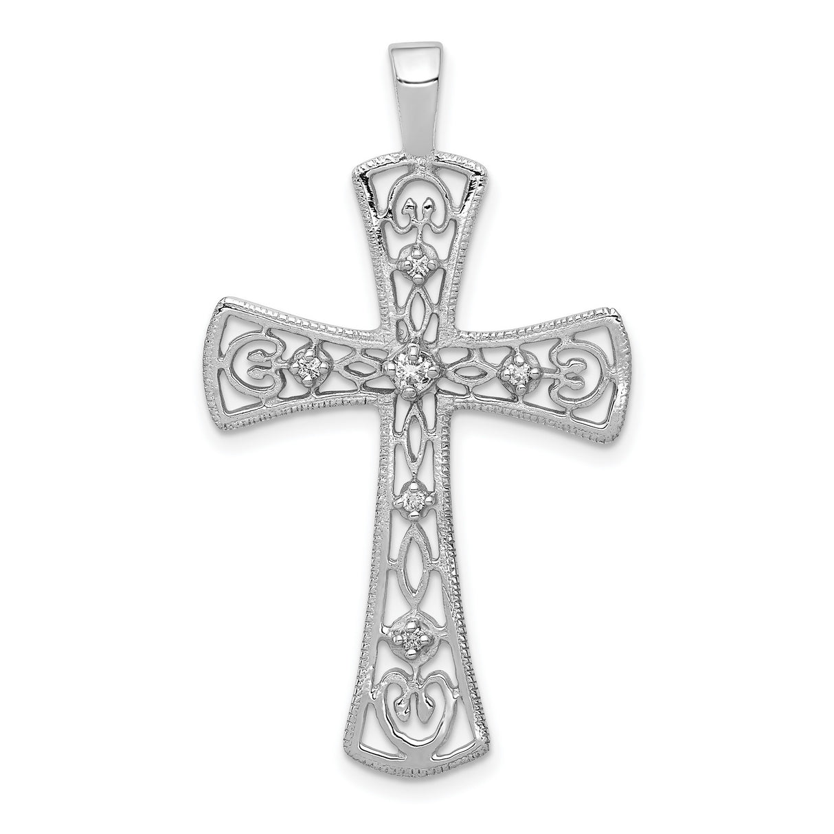 14k White Gold Cross Pendant with Diamond Accents, Vintage Filigree Design