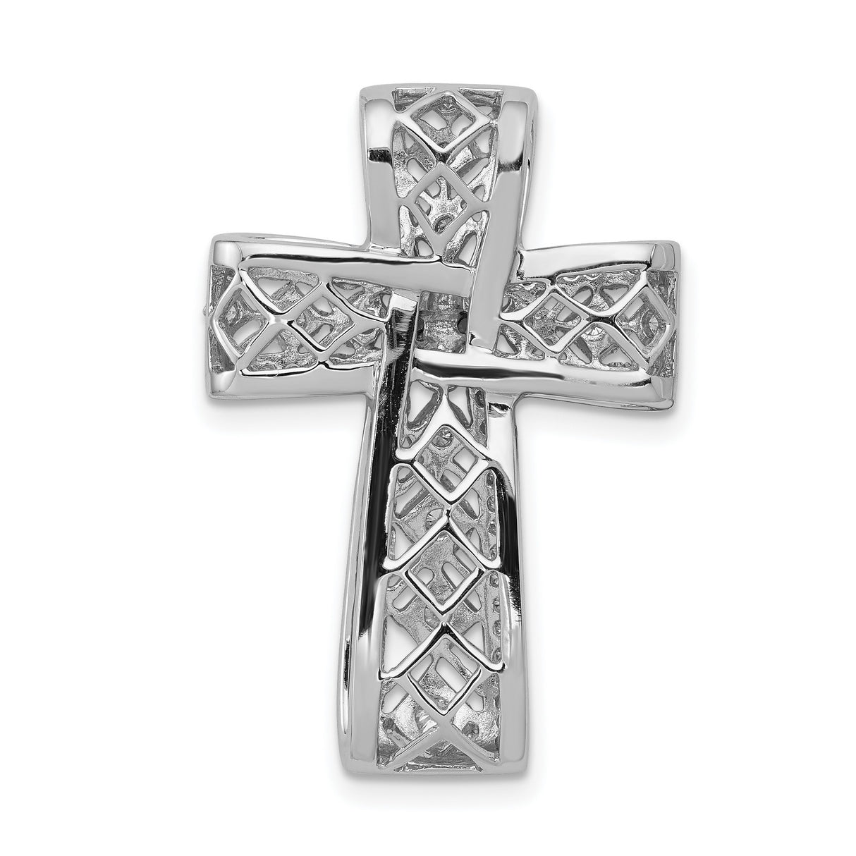 14k White Gold Cross Pendant with Diamond Accents, Open Lattice and Floral Filigree Design