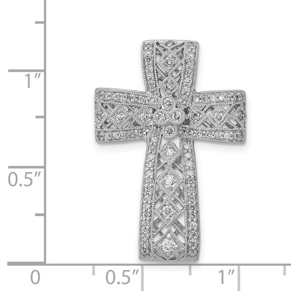 14k White Gold Cross Pendant with Diamond Accents, Open Lattice and Floral Filigree Design