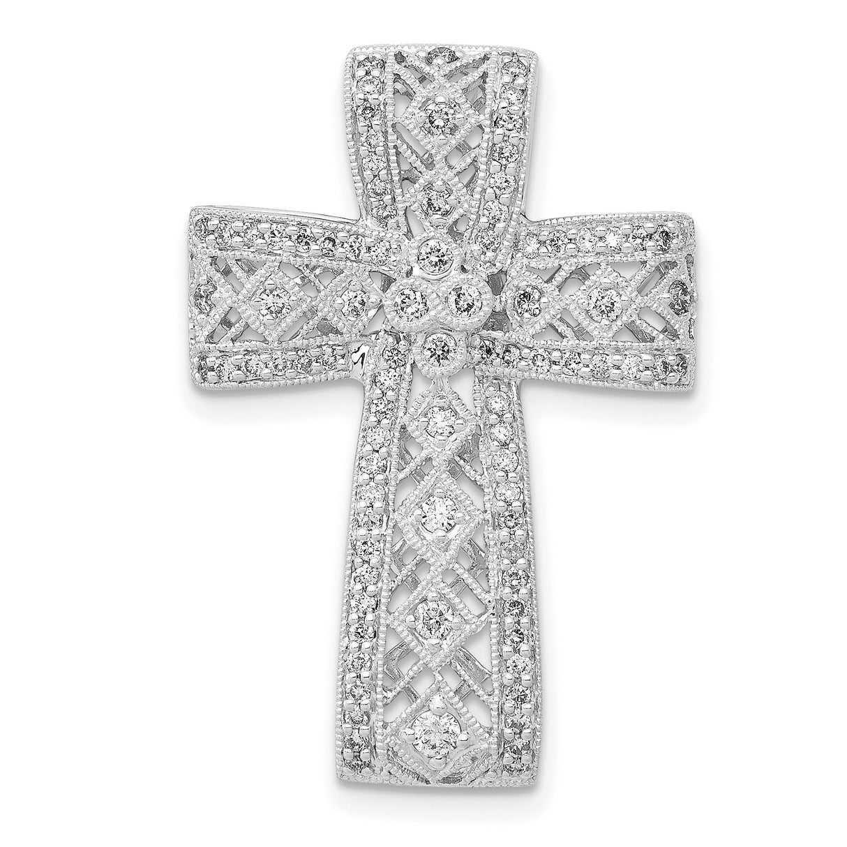 14k White Gold Cross Pendant with Diamond Accents, Open Lattice and Floral Filigree Design