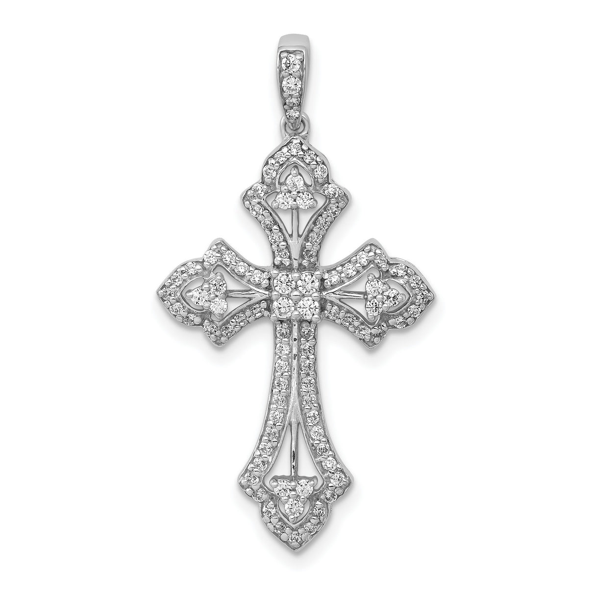 14k White Gold Diamond Cross Pendant, Pavé and Openwork Religious Charm for Men and Women