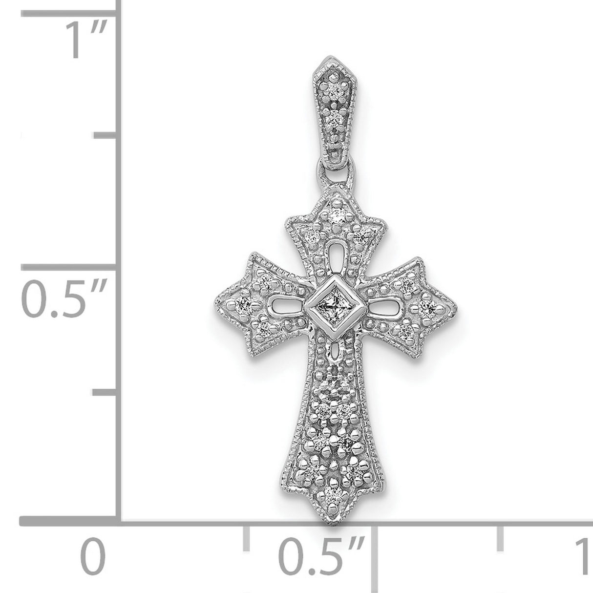 10k White Gold Diamond Cross Pendant with Princess Cut Center and Milgrain Openwork Design