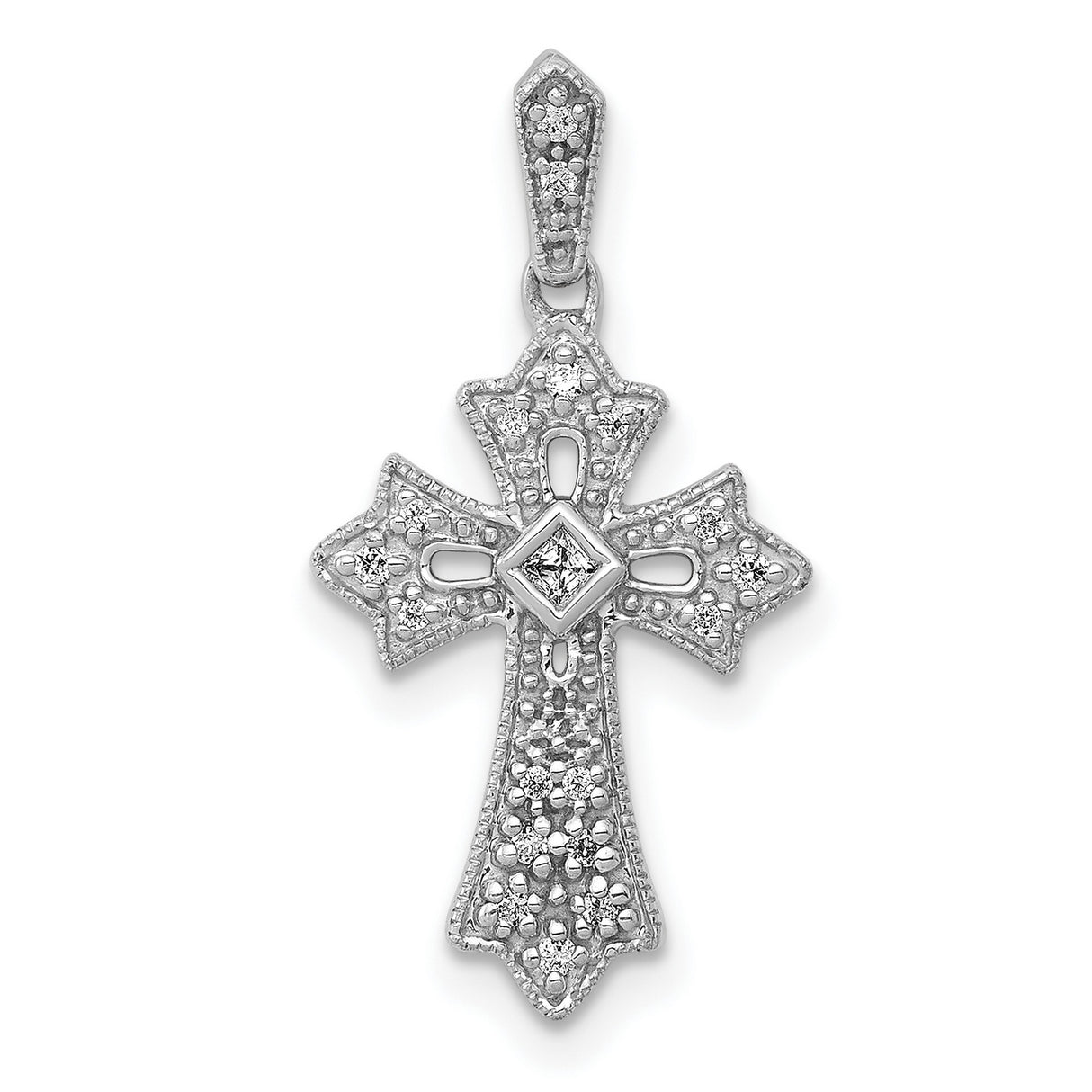 10k White Gold Diamond Cross Pendant with Princess Cut Center and Milgrain Openwork Design