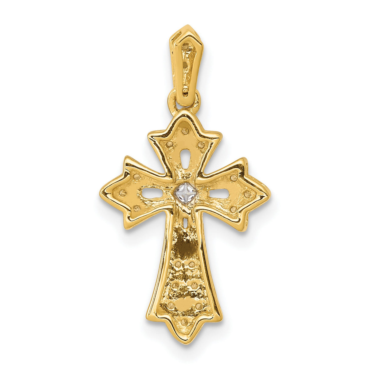 10k Yellow Gold Cross Pendant with White Stones, Two Tone Flared Arms, Vintage Milgrain Design