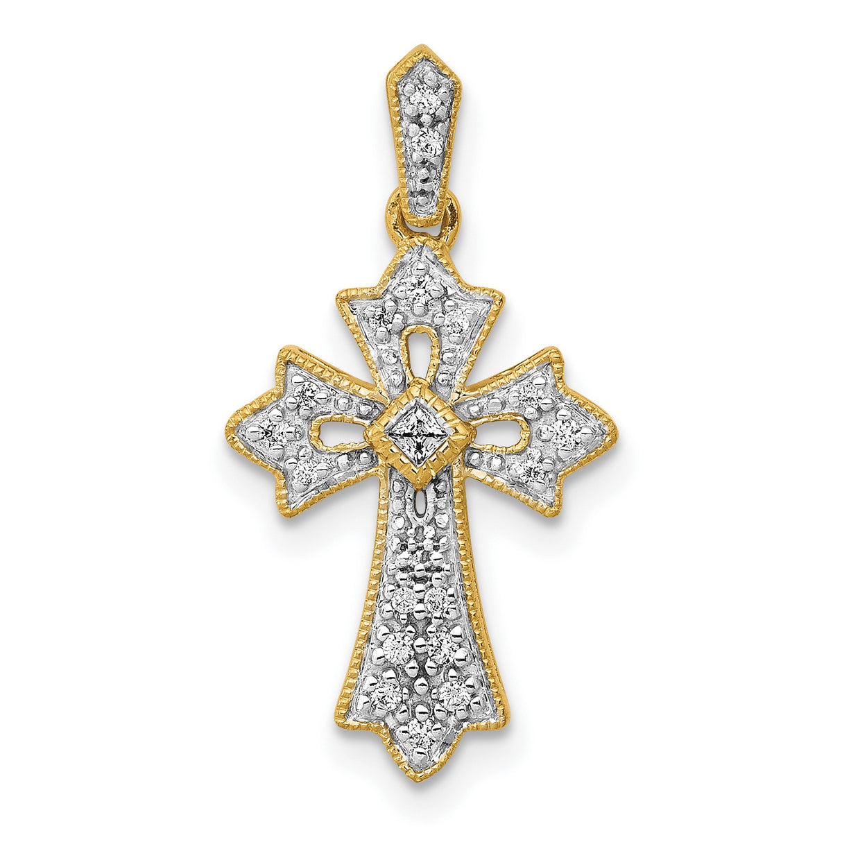 10k Yellow Gold Cross Pendant with White Stones, Two Tone Flared Arms, Vintage Milgrain Design