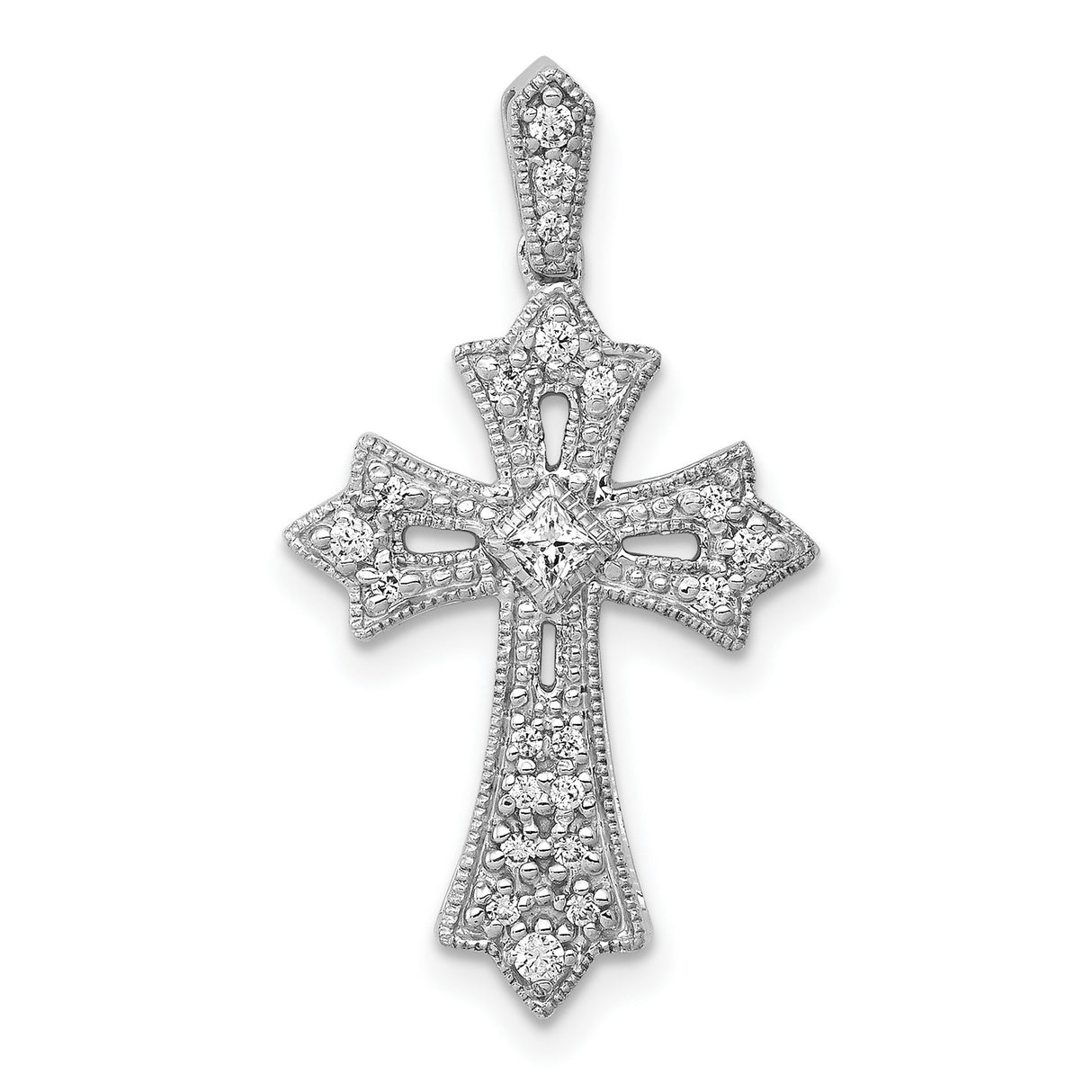 10k White Gold Cross Pendant with Diamond Accents, Fleur de Lis Design, Religious Charm