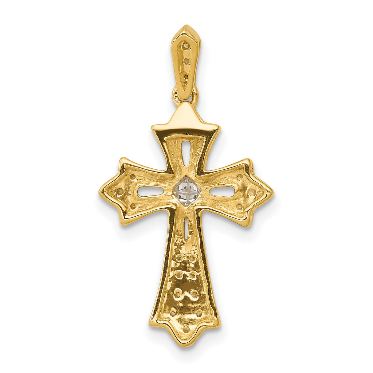14k Yellow Gold Cross Pendant with Diamond Accents, Fleur de Lis Gothic Style