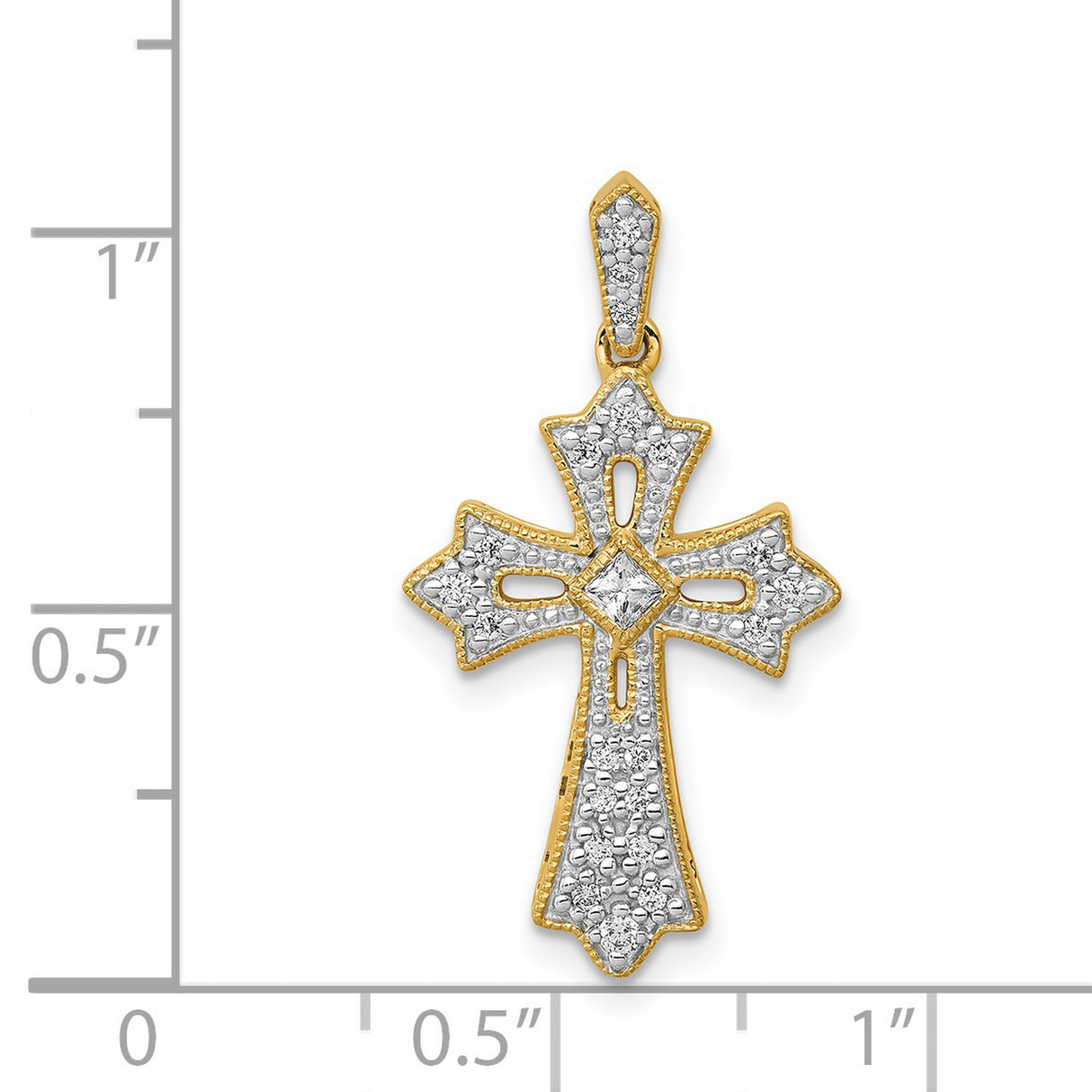 14k Yellow Gold Cross Pendant with Diamond Accents, Fleur de Lis Gothic Style