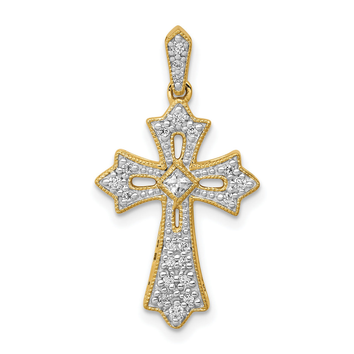 14k Yellow Gold Cross Pendant with Diamond Accents, Fleur de Lis Gothic Style