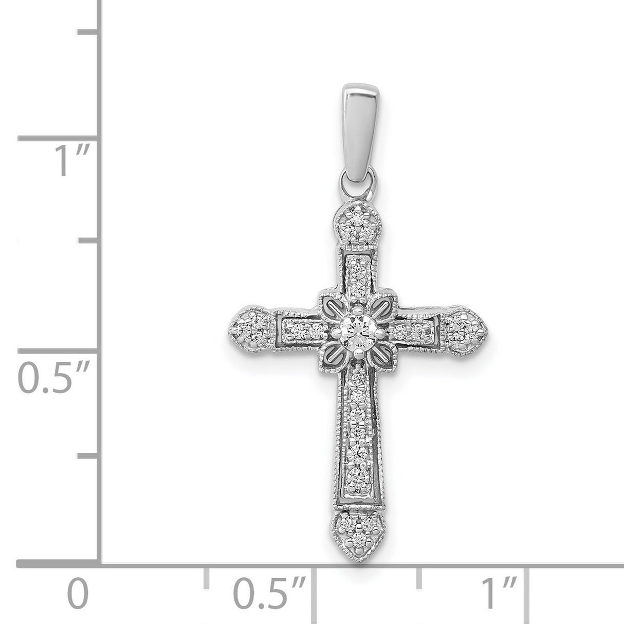 14k White Gold Diamond Filigree Cross Pendant, Vintage Style with Milgrain Detailing