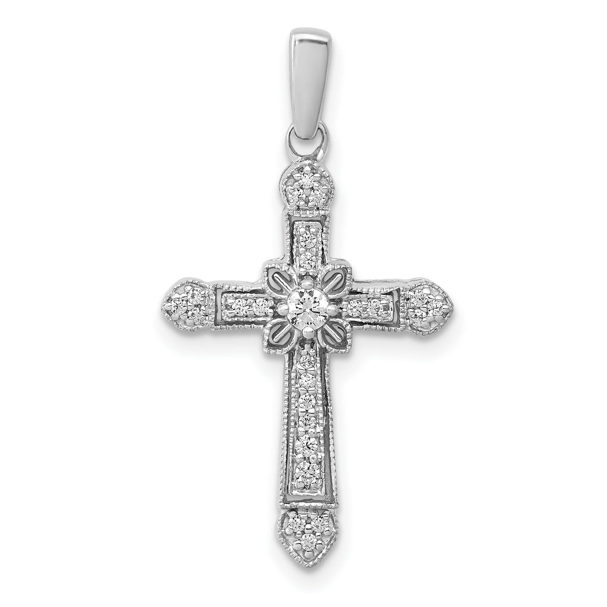 14k White Gold Diamond Filigree Cross Pendant, Vintage Style with Milgrain Detailing