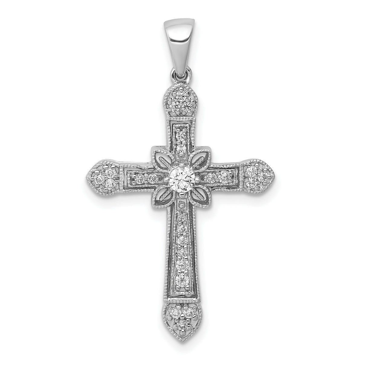 14k White Gold Diamond Filigree Cross Pendant with Milgrain Detail, Religious Charm for Men and Women