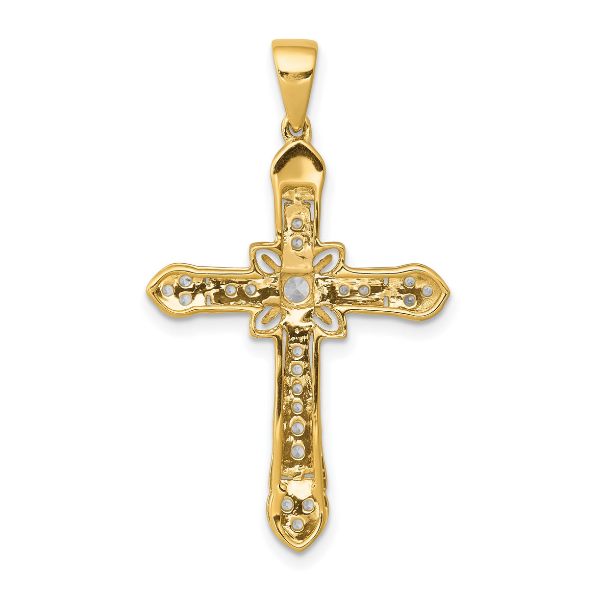 14k Yellow Gold Cross Pendant with Diamond Accents, Filigree Floral Religious Design