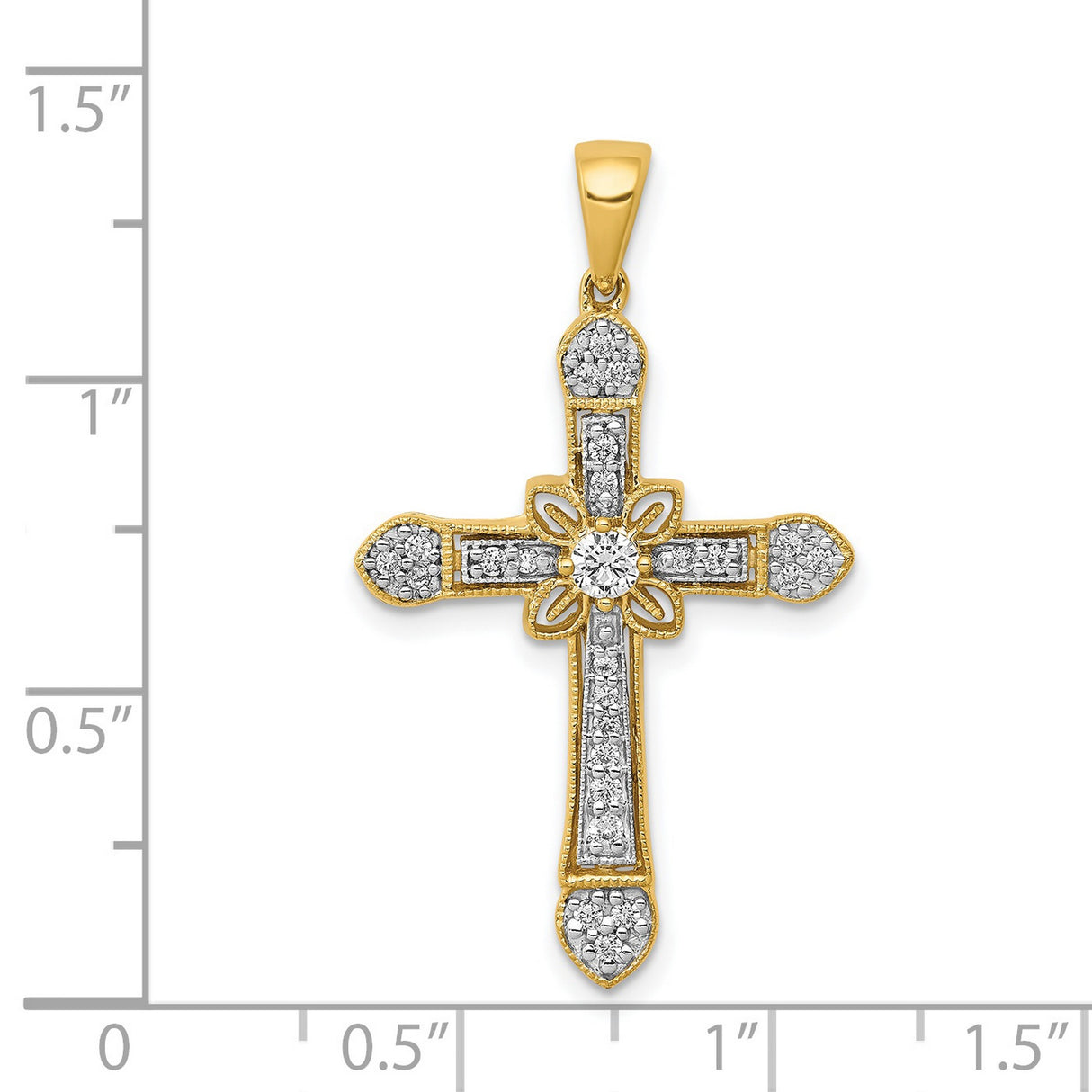 14k Yellow Gold Cross Pendant with Diamond Accents, Filigree Floral Religious Design