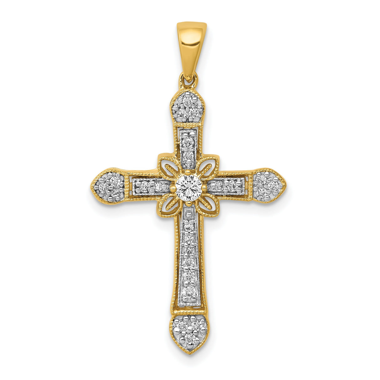 14k Yellow Gold Cross Pendant with Diamond Accents, Filigree Floral Religious Design