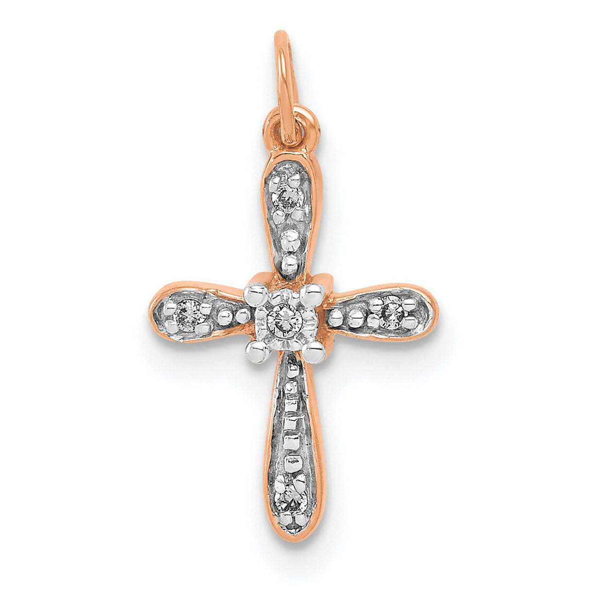 14k Rose Gold Diamond Cross Pendant with Curved Arms and Bezel-Set Stone, Polished Finish