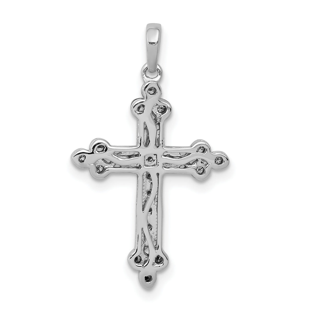 14k White Gold Diamond Cross Pendant with Filigree, Budded Arms, and Vintage Openwork Design