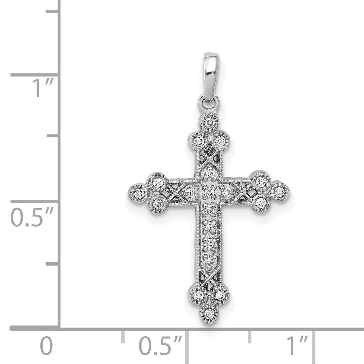 14k White Gold Diamond Cross Pendant with Filigree, Budded Arms, and Vintage Openwork Design