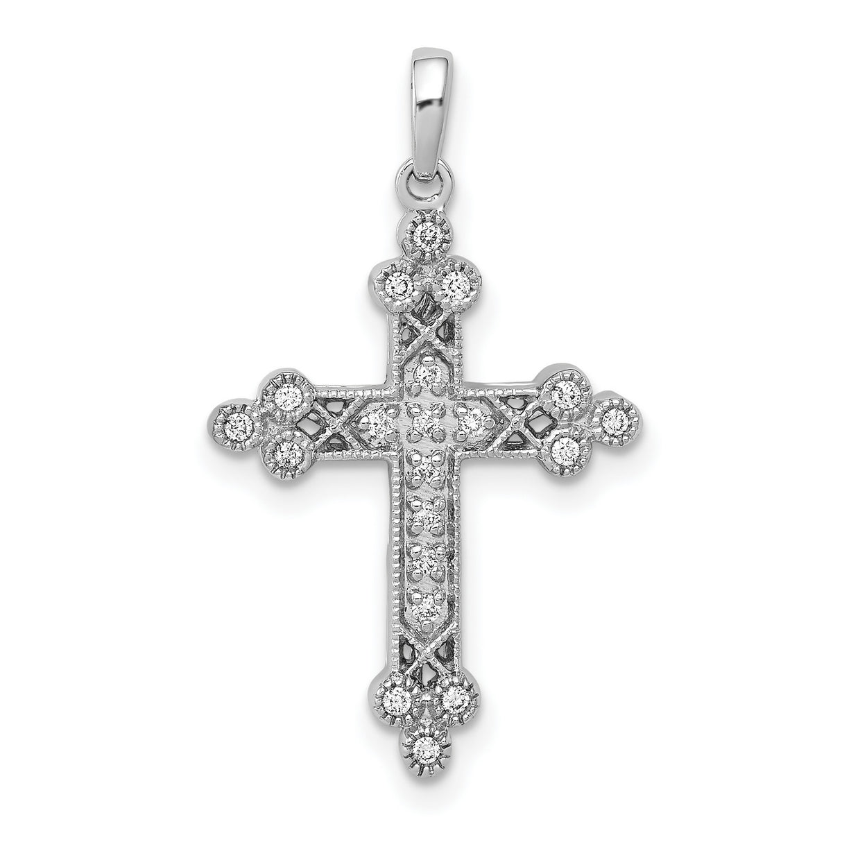 14k White Gold Diamond Cross Pendant with Filigree, Budded Arms, and Vintage Openwork Design