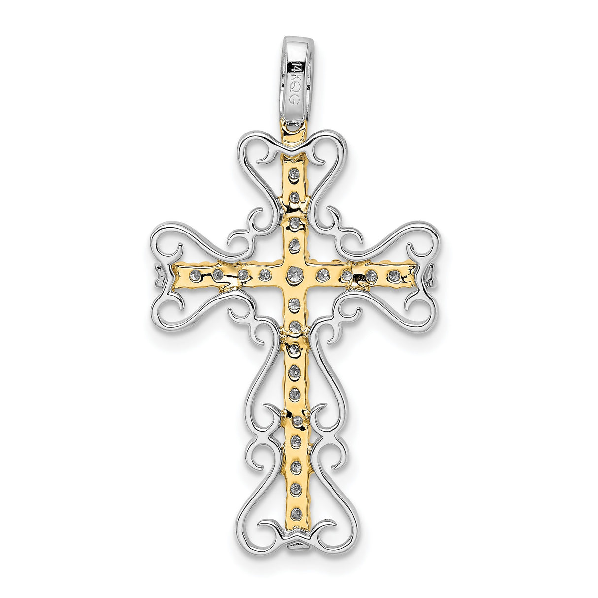 14k Two-Tone Gold Filigree Cross Pendant with Diamond Accents, Vintage Spiritual Design