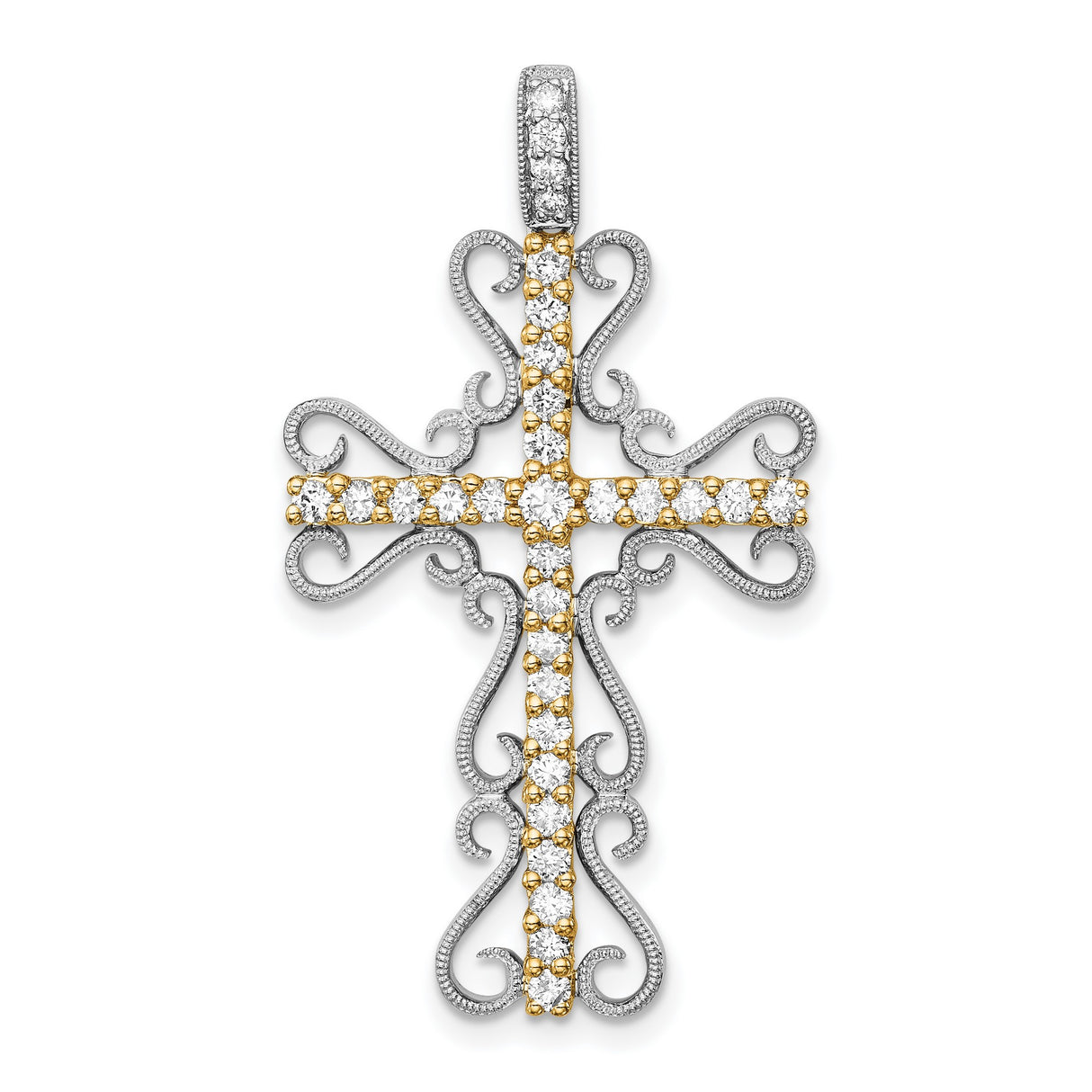 14k Two-Tone Gold Filigree Cross Pendant with Diamond Accents, Vintage Spiritual Design