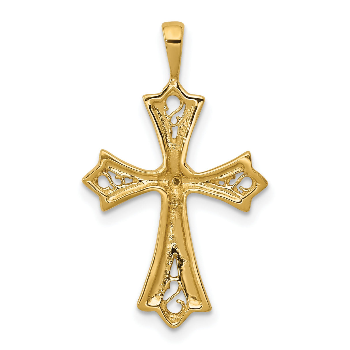 14k Yellow Gold Cross Pendant with Diamond, Polished Finish and Filigree Scrollwork Design