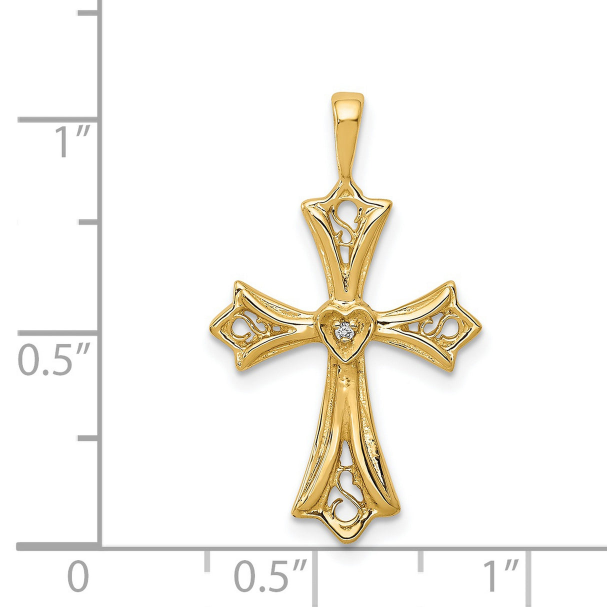 14k Yellow Gold Cross Pendant with Diamond, Polished Finish and Filigree Scrollwork Design