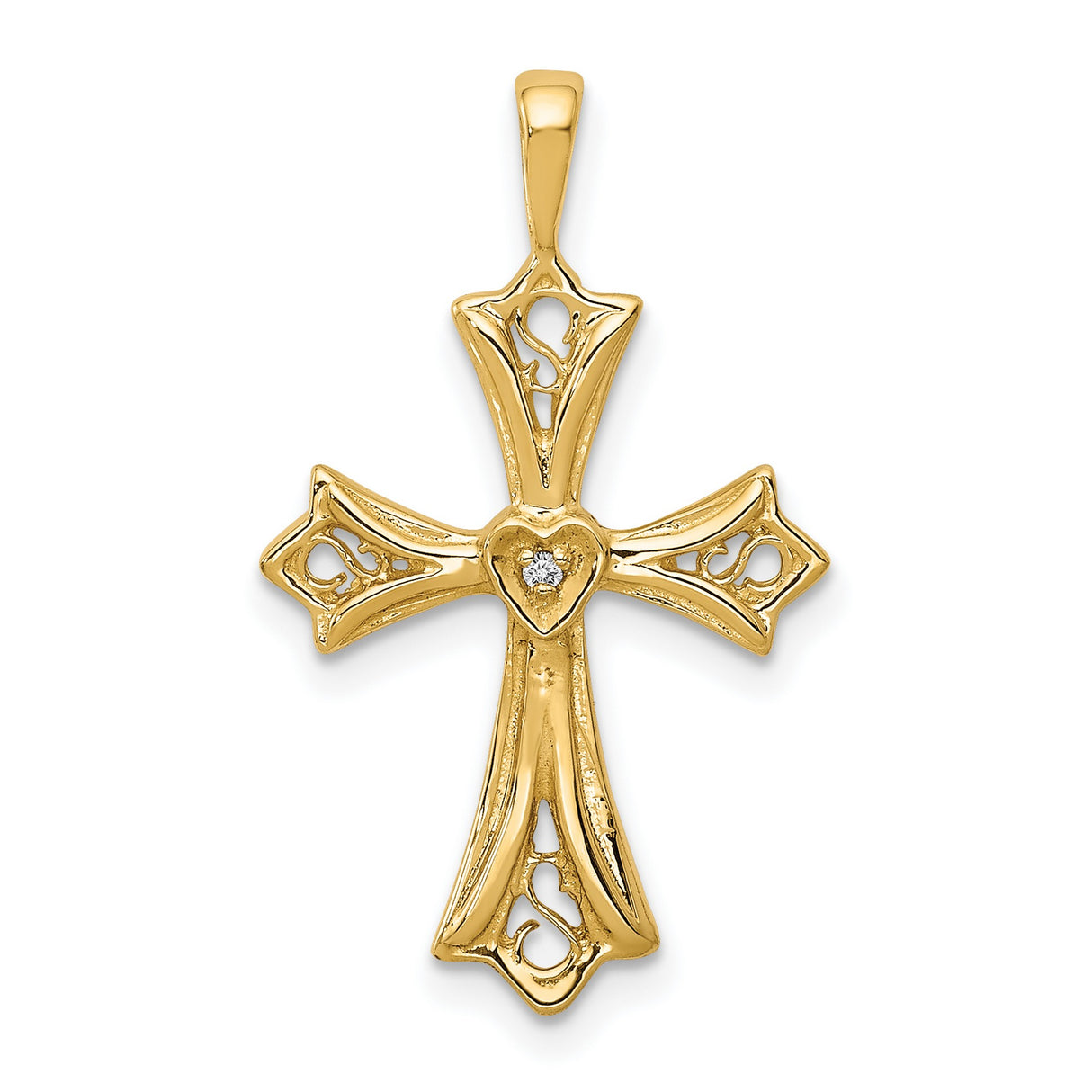 14k Yellow Gold Cross Pendant with Diamond, Polished Finish and Filigree Scrollwork Design