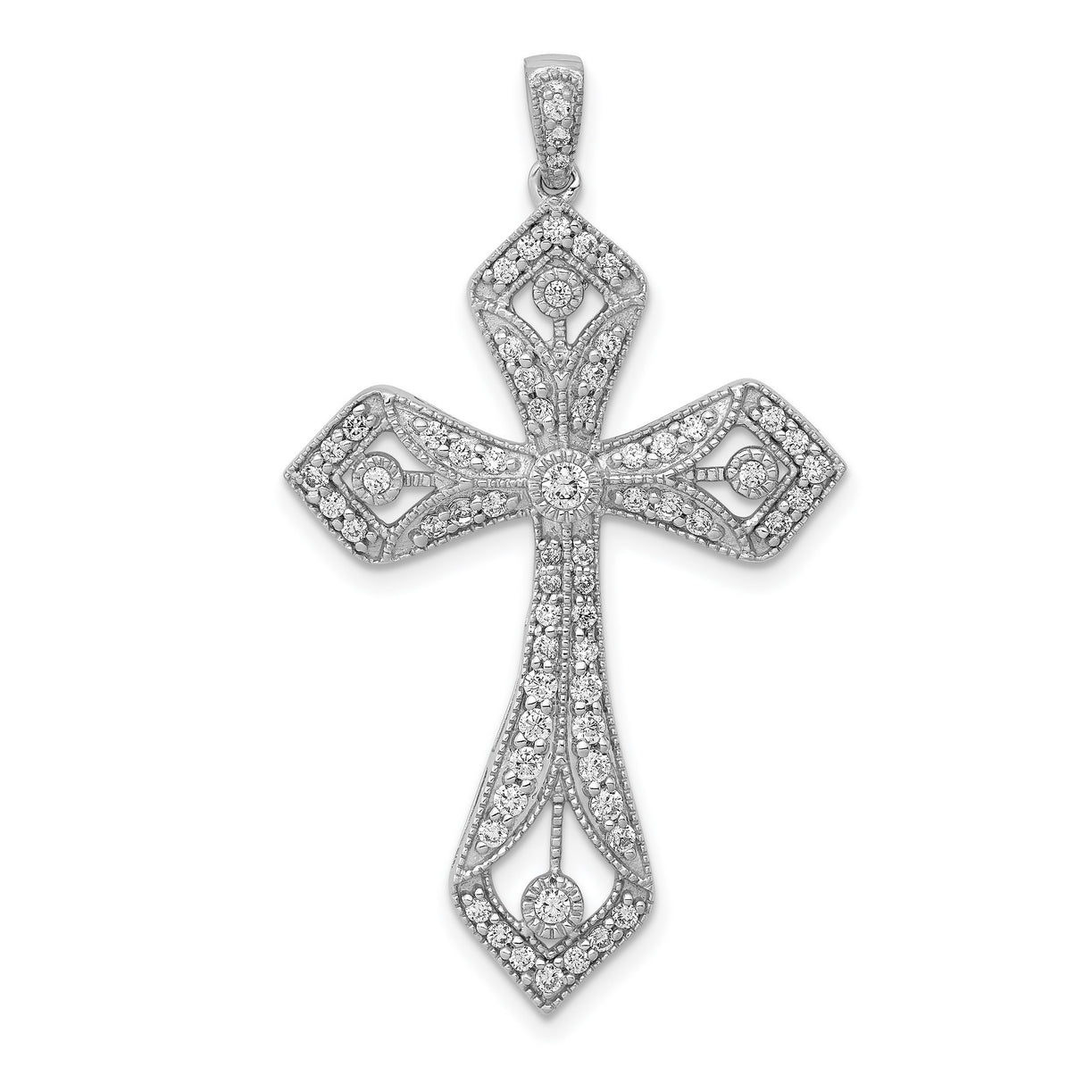 14k White Gold Cross Pendant with Diamond, Vintage Milgrain Religious Charm