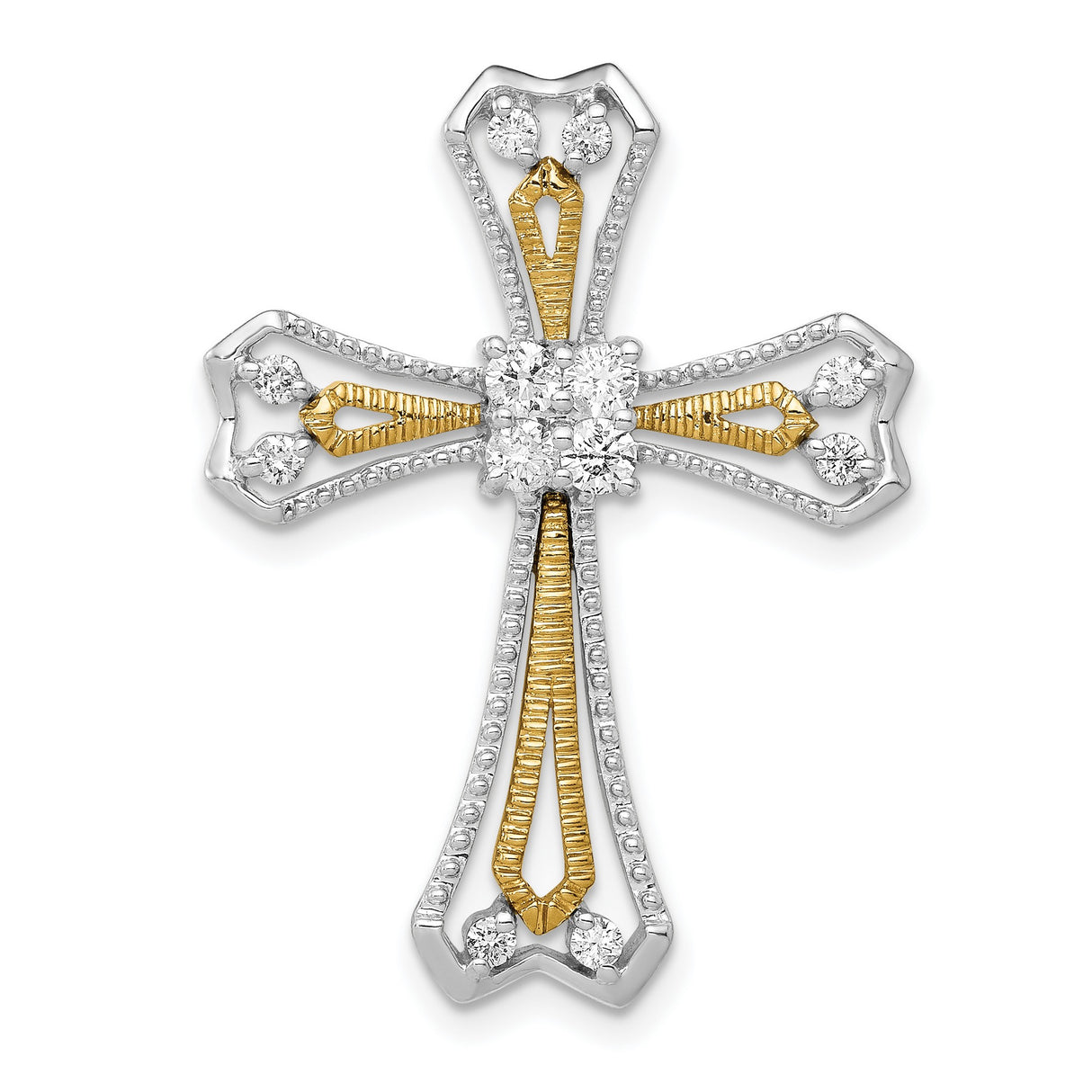 14k Two-Tone Gold Cross Pendant with Diamond Accents, Filigree and Milgrain Design