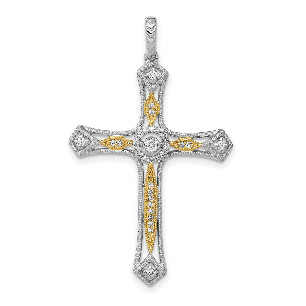 14k Multi-Tone Gold Cross Pendant with Diamond Accents and Milgrain Detail