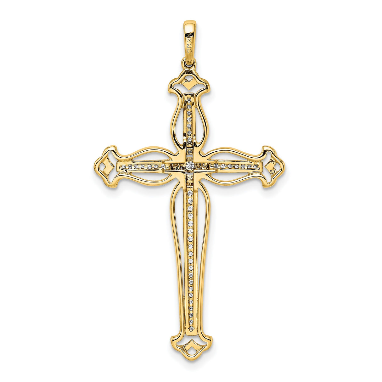 14k Yellow Gold Diamond Cross Pendant with Openwork Arms, Religious Baroque Style