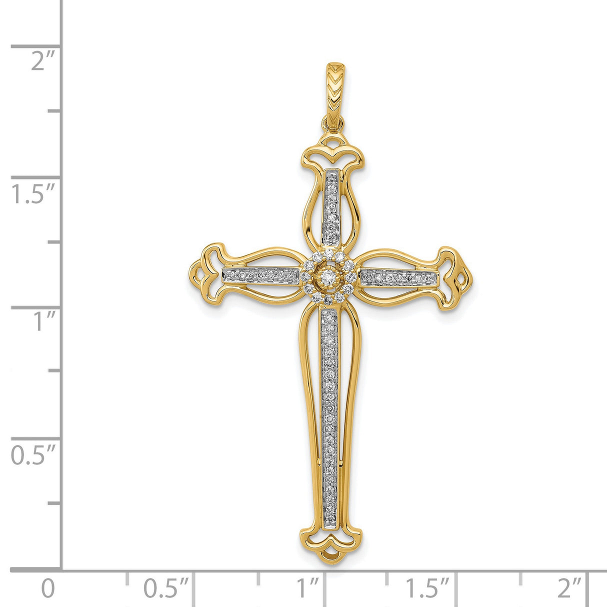 14k Yellow Gold Diamond Cross Pendant with Openwork Arms, Religious Baroque Style
