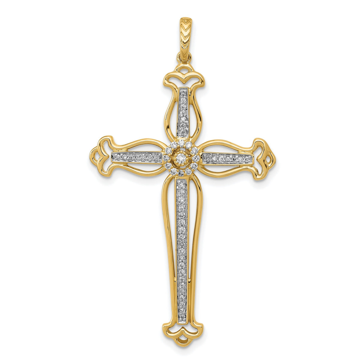 14k Yellow Gold Diamond Cross Pendant with Openwork Arms, Religious Baroque Style