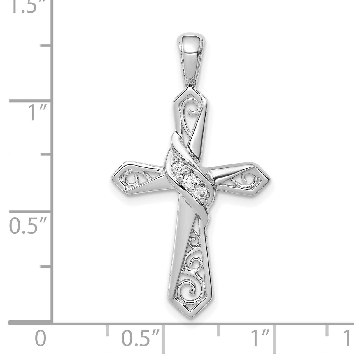 10k White Gold Cross Pendant with Diamond Accents, Filigree Scrollwork, Polished Finish