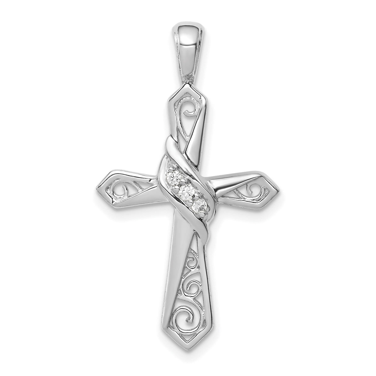 10k White Gold Cross Pendant with Diamond Accents, Filigree Scrollwork, Polished Finish