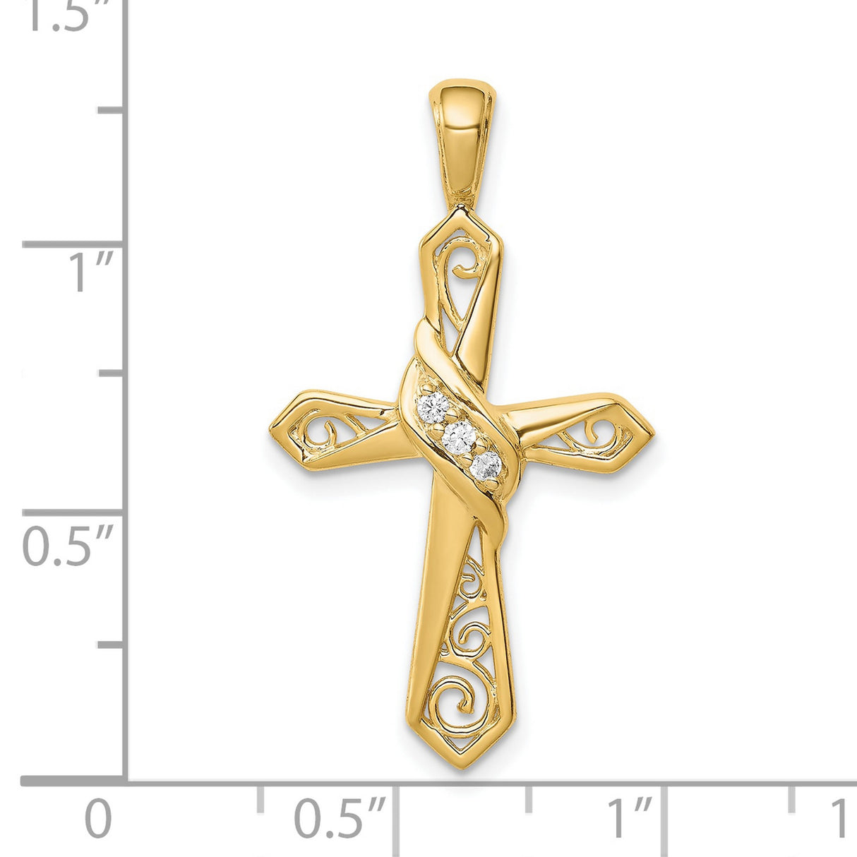 10k Yellow Gold Filigree Cross Pendant with Diamond Accent, Religious Charm