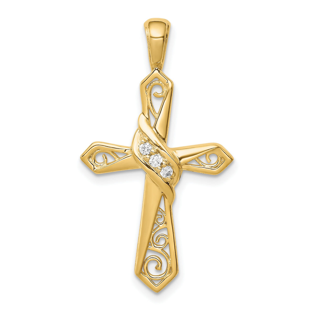 10k Yellow Gold Filigree Cross Pendant with Diamond Accent, Religious Charm
