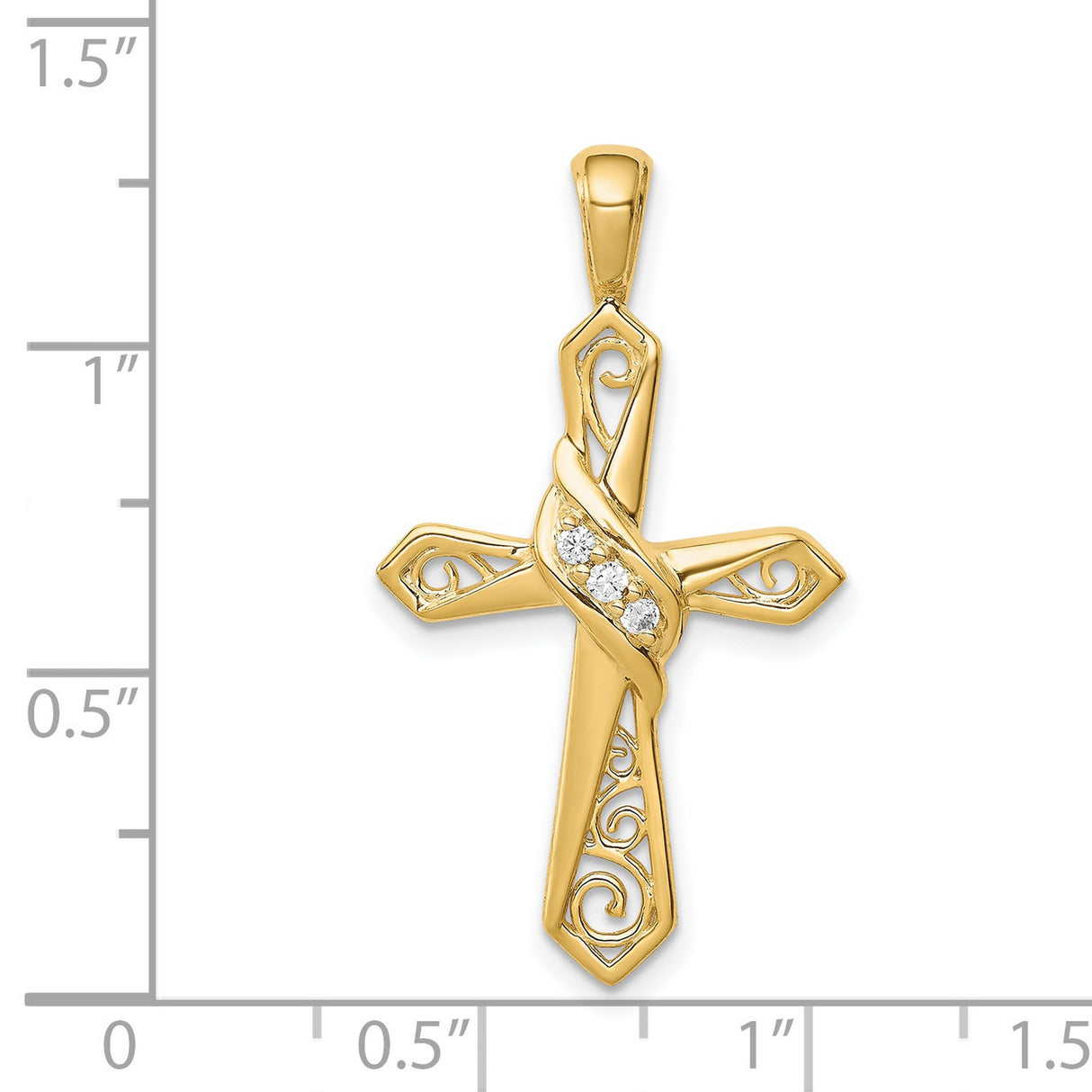 14k Yellow Gold Cross Pendant with Diamond Accent and Filigree Scrollwork Design