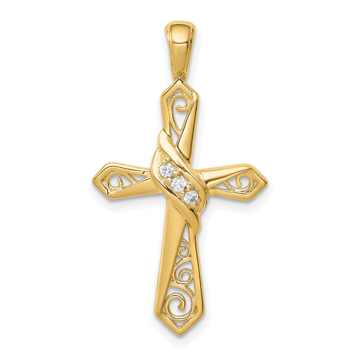 14k Yellow Gold Cross Pendant with Diamond Accent and Filigree Scrollwork Design