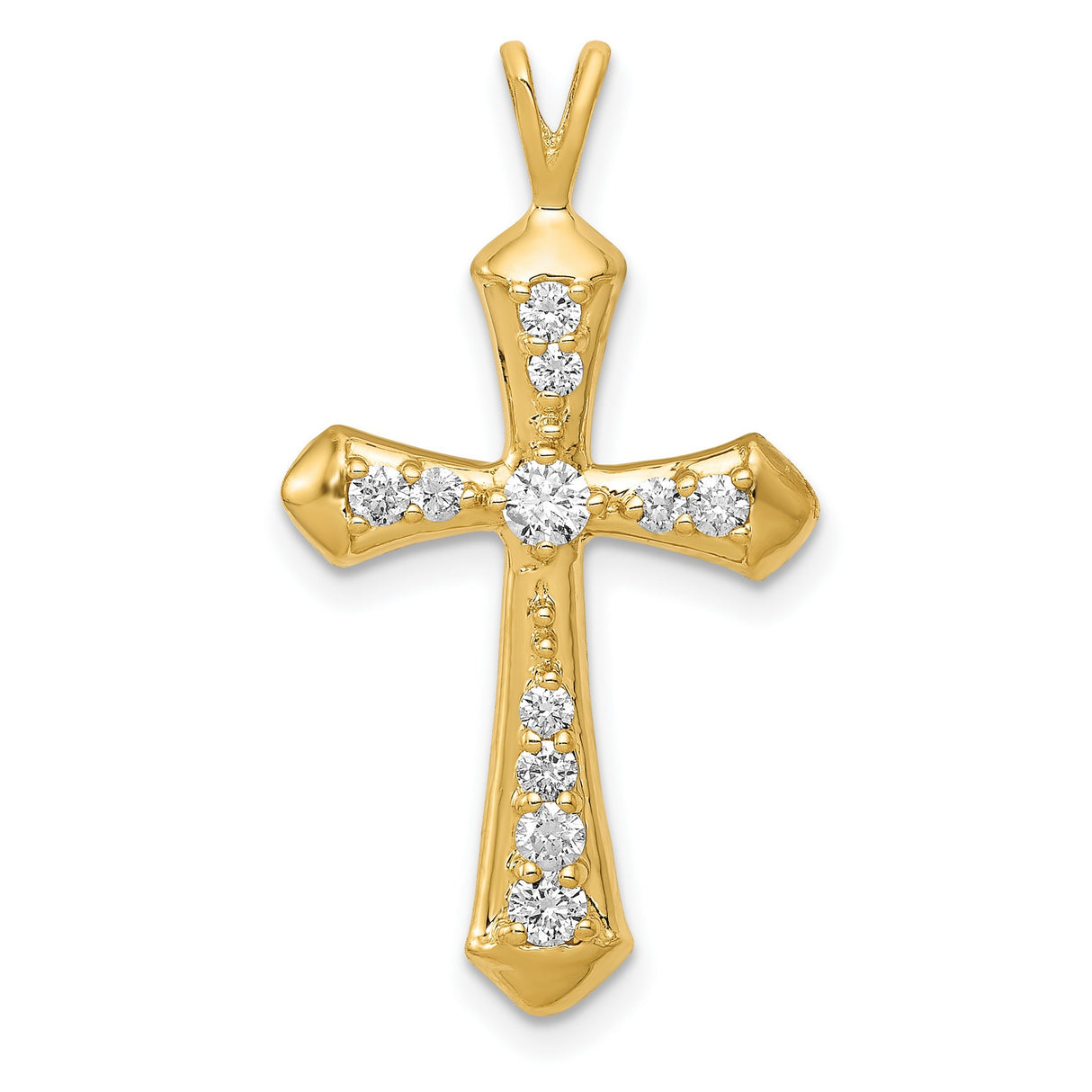 14k Yellow Gold Cross Pendant with Diamonds, Sleek Tapered Religious Design for Men and Women