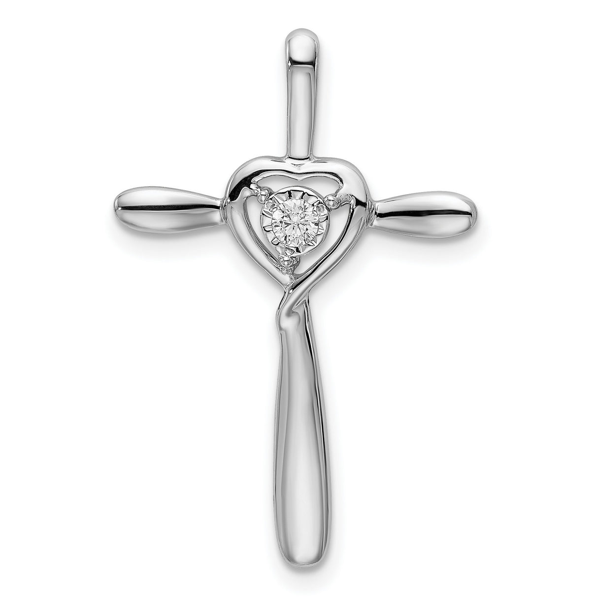 14k White Gold Cross Pendant with Diamond Accent and Heart Design for Women