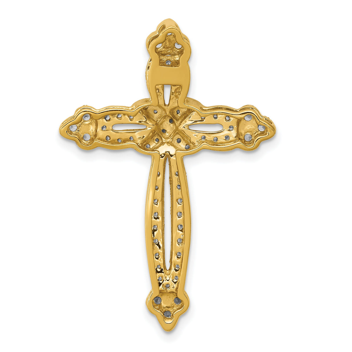 14k Yellow Gold Diamond Budded Cross Pendant with Pavé Set Diamonds and Clover Tip Design