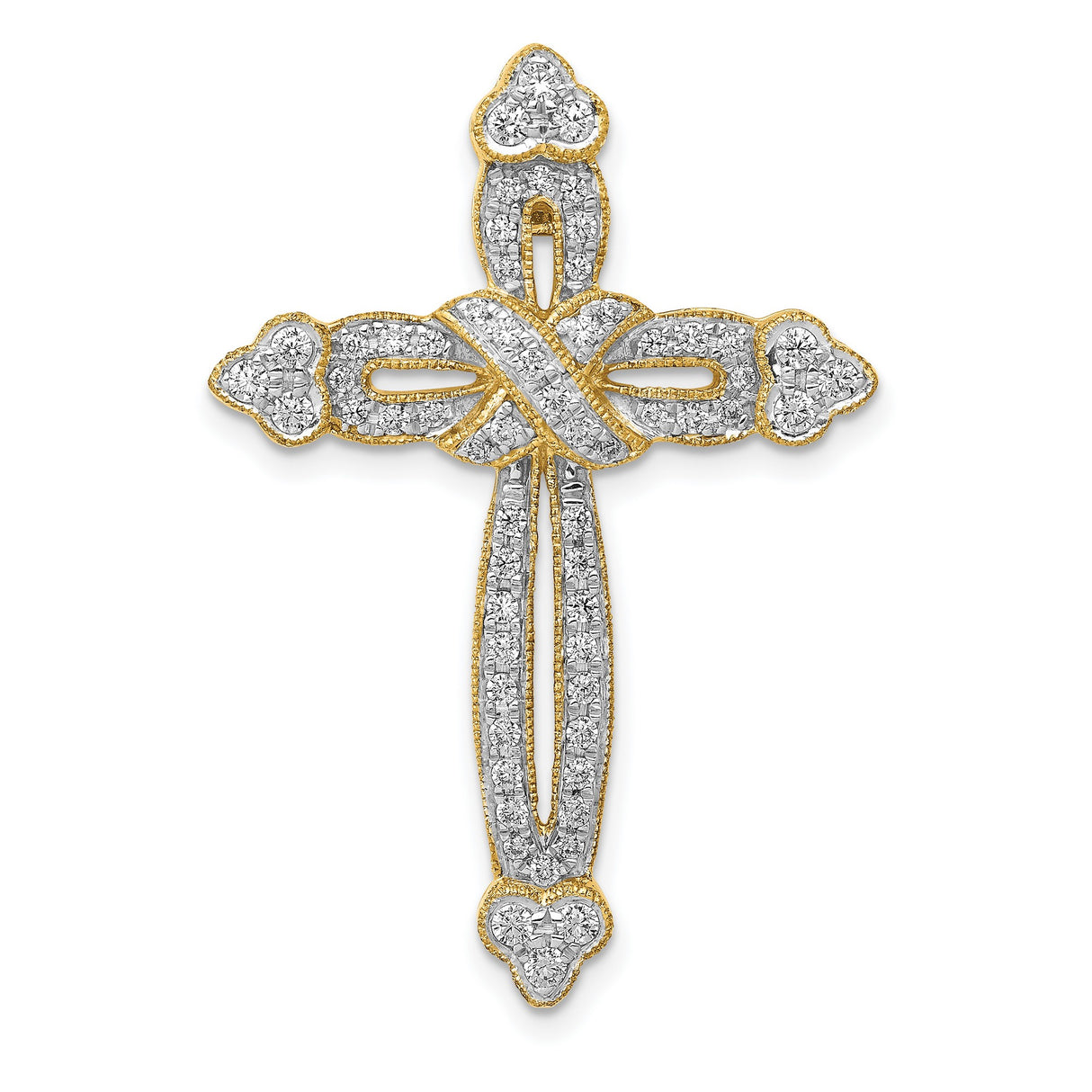 14k Yellow Gold Diamond Budded Cross Pendant with Pavé Set Diamonds and Clover Tip Design