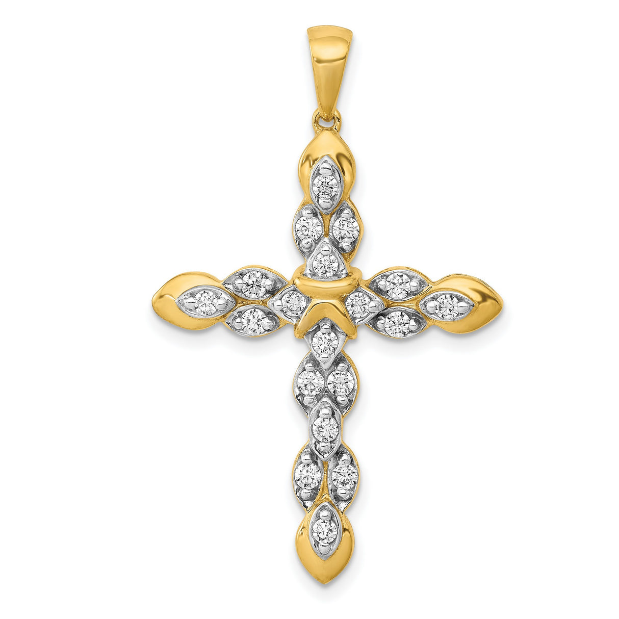 14k Yellow Gold Cross Pendant with Diamond, Classic Polished Religious Charm