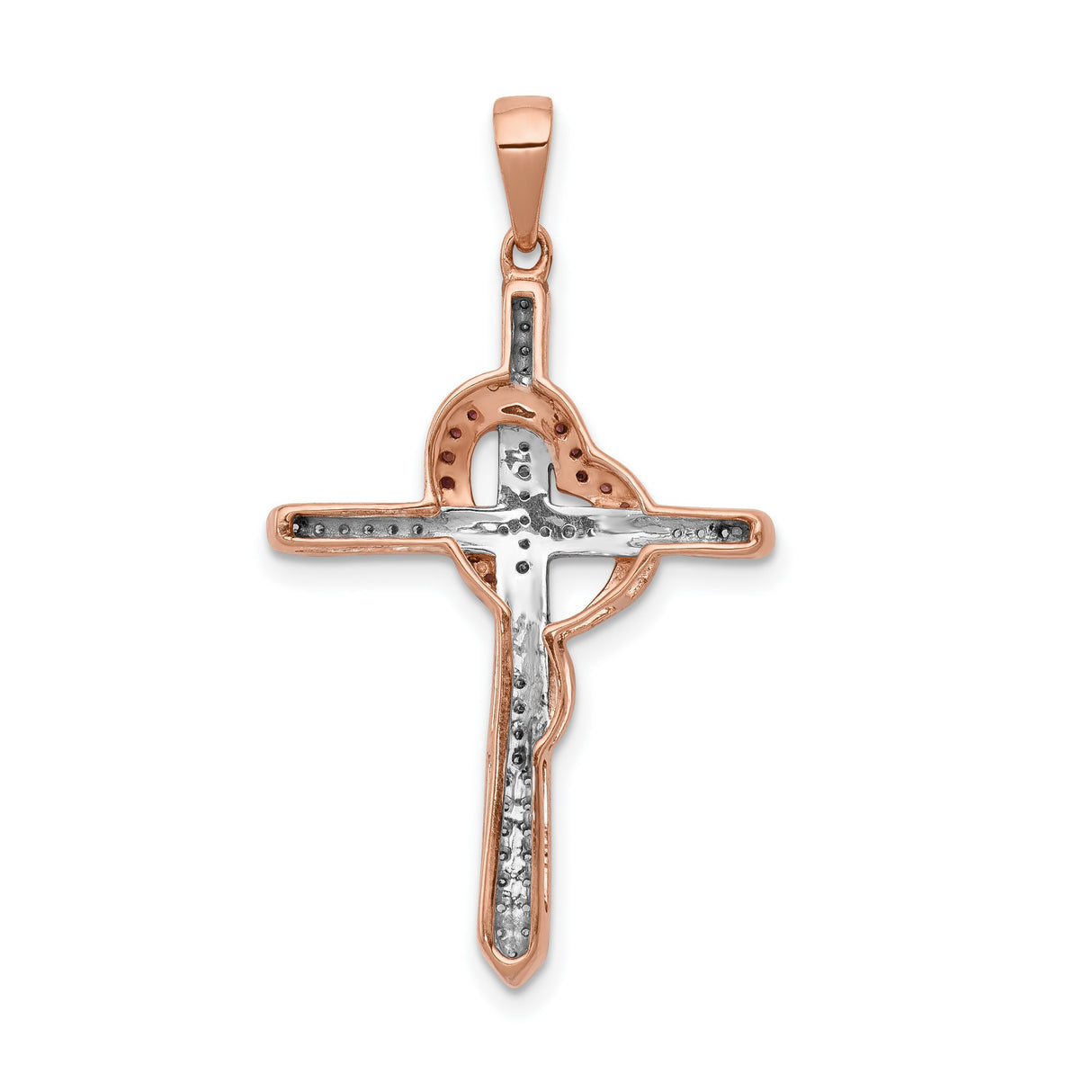 Red and White Diamond Cross with Heart Charm Pendant in Real 14k Rose Gold