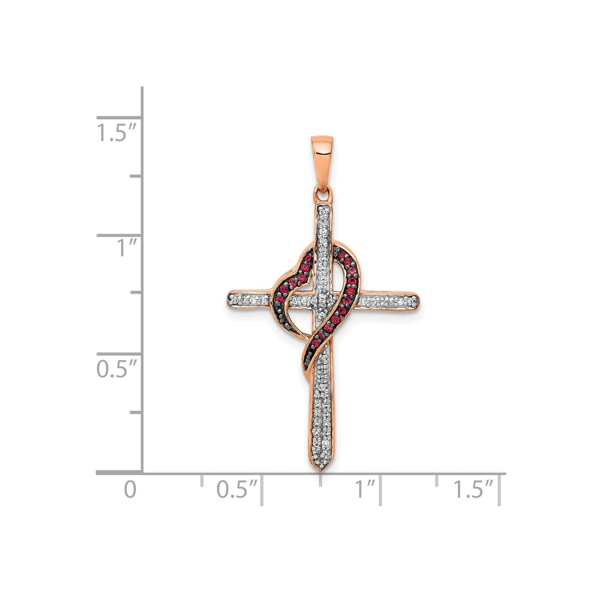 14k Rose Gold Diamond Cross Pendant with Red and Black Stones, Religious Charm for Men and Women
