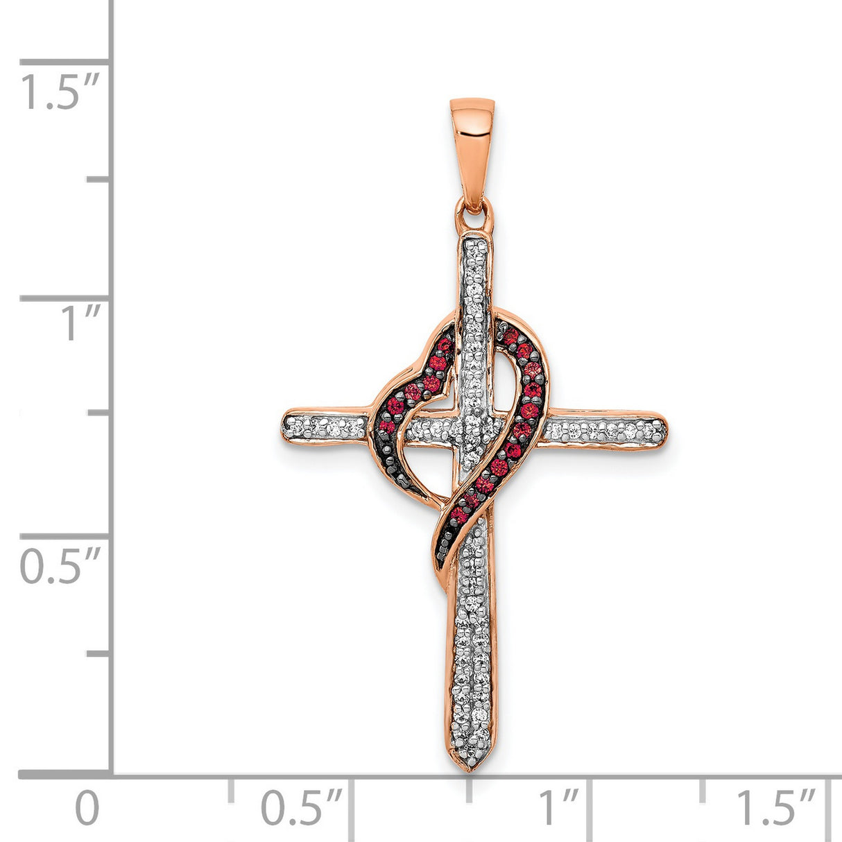 Red and White Diamond Cross with Heart Charm Pendant in Real 14k Rose Gold